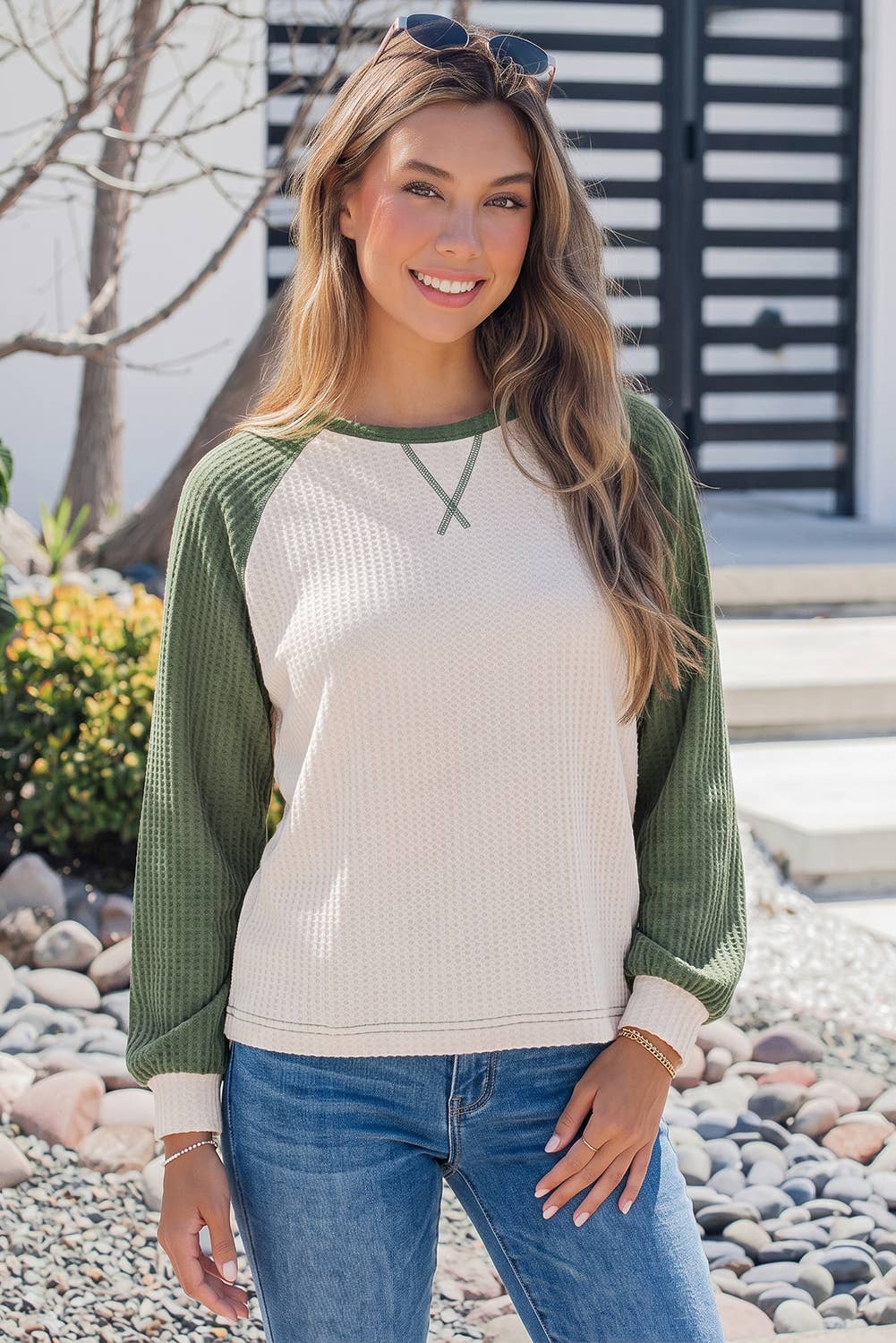 Plus Size Waffled Color Block Long Sleeve Top S-4X