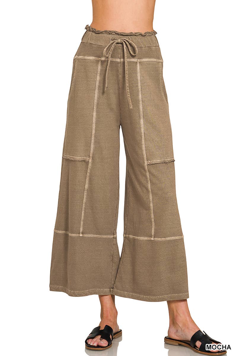 French Terry Washed Wide Leg Pants w/ Pockets - Zenana
