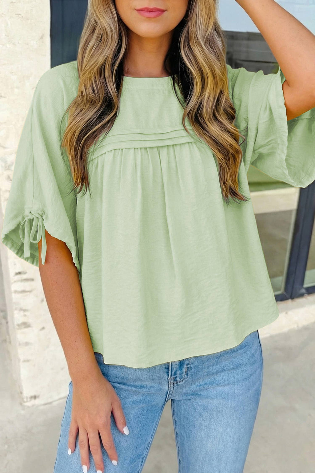 Tie Half Sleeve Pleated Detail Babydoll Blouse | S-XL