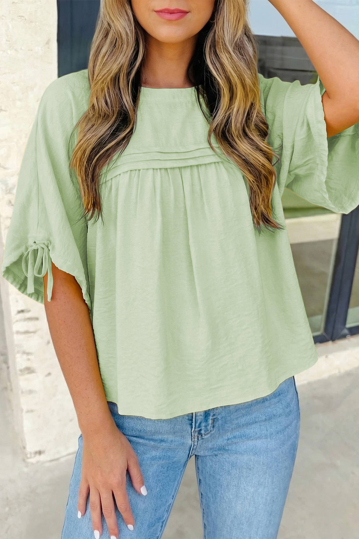 Tie Half Sleeve Pleated Detail Babydoll Blouse | S-XL