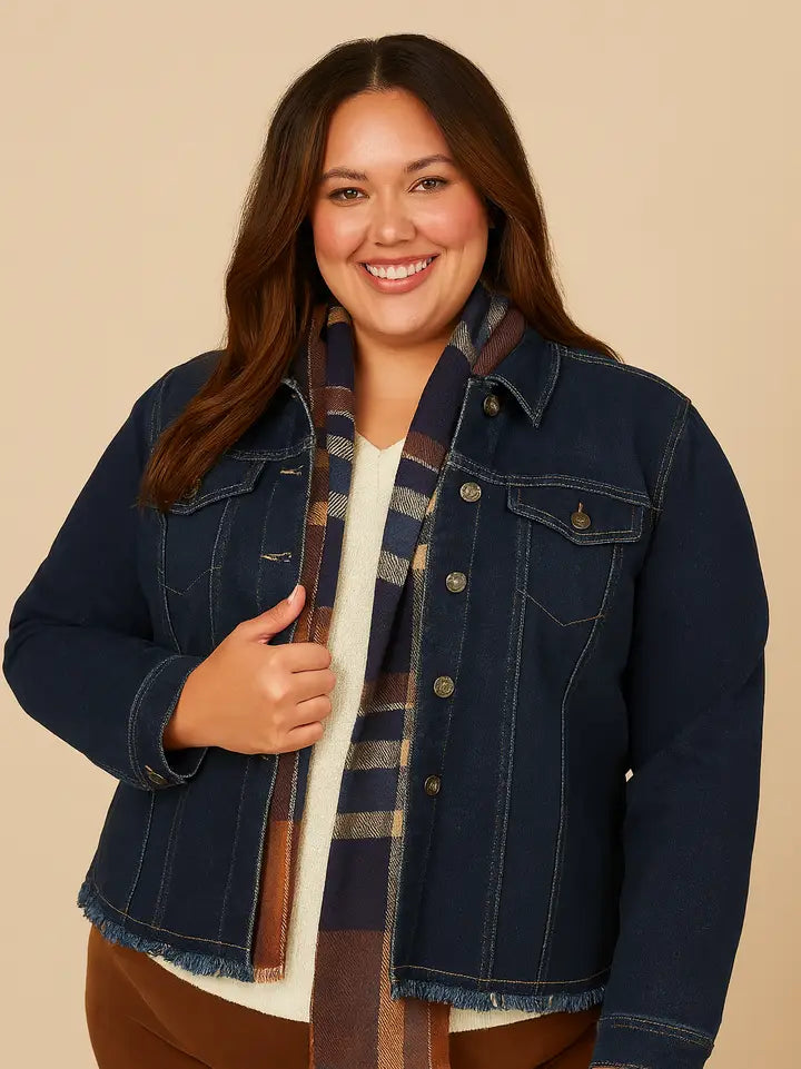 Frayed Hem Denim Jacket - Curvy