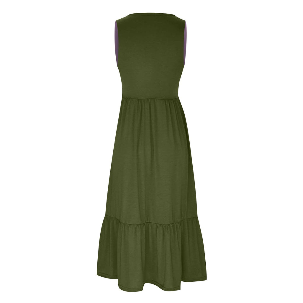 Ladies Sleeveles Pockets Simple Midi Dress 9123