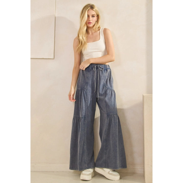 Washed Tiered Wide-Leg Drawstring Pants