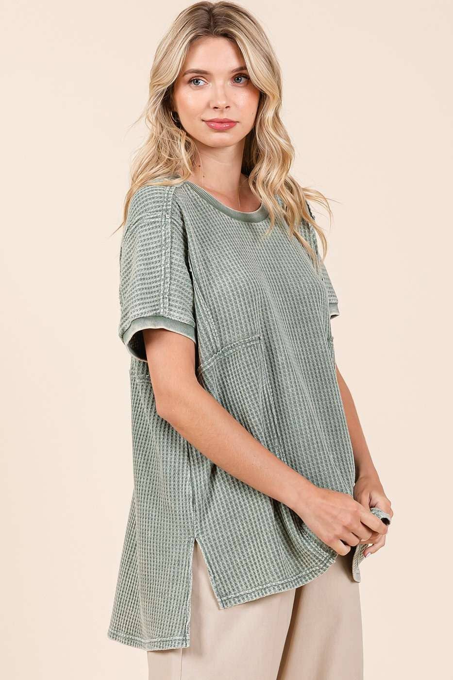 MINERAL WASH WAFFLE KNIT SEAM DETAIL TUNIC TOP