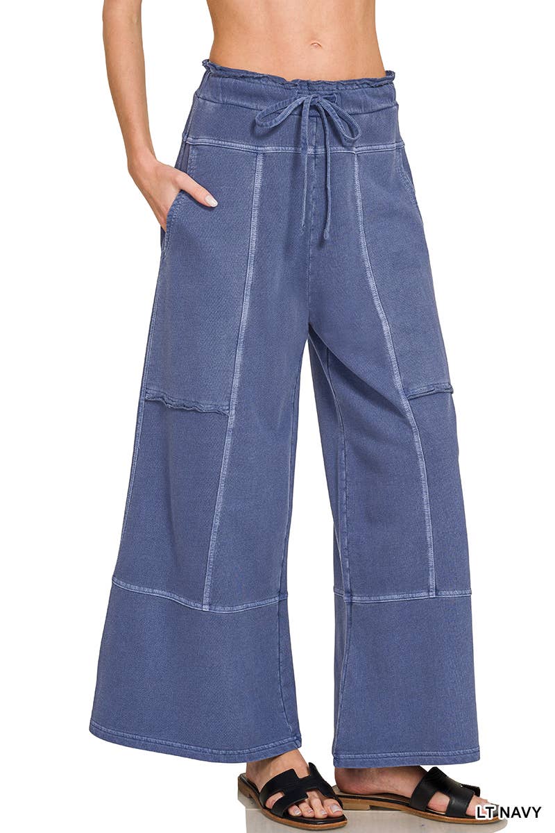French Terry Washed Wide Leg Pants w/ Pockets - Zenana