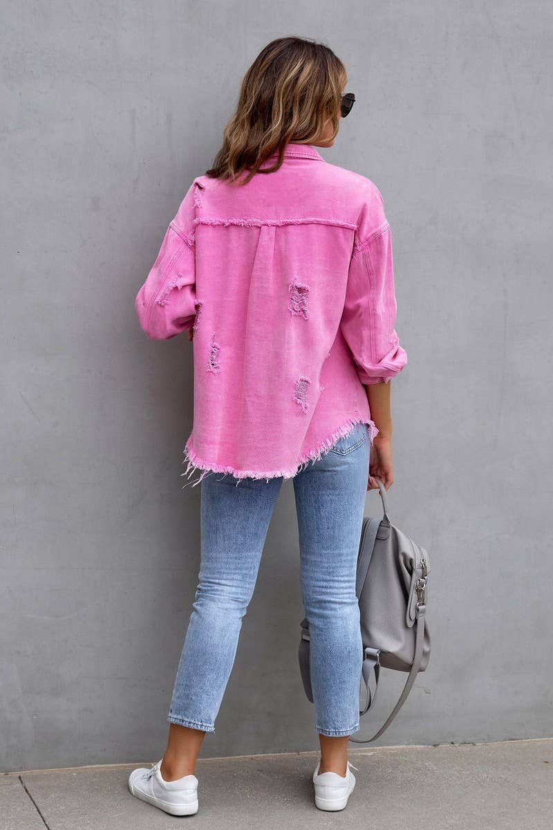 Old solid color denim coat with lapel and ripped raw edge