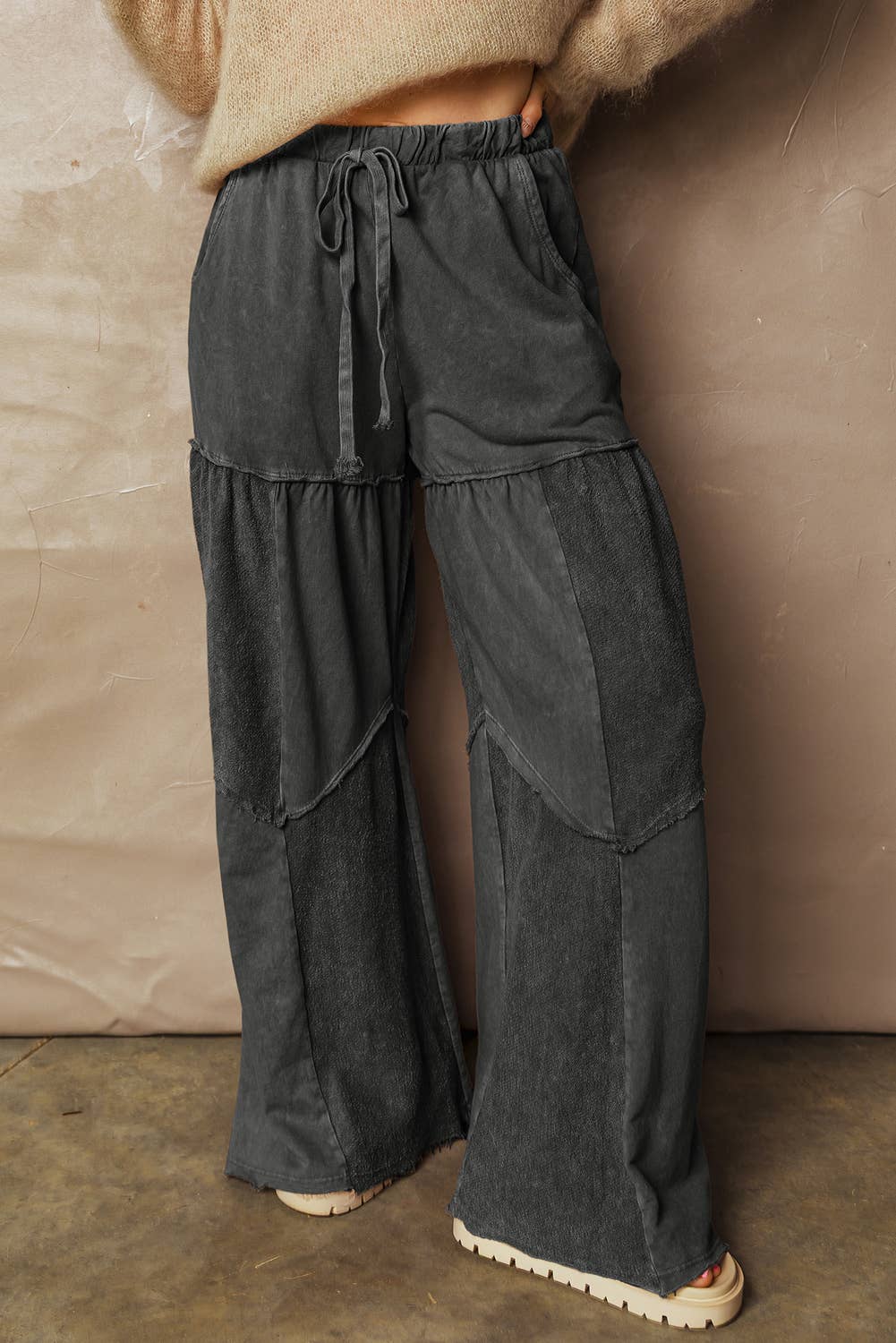 Mineral Wash Tiered Wide Leg Patchwork Drawstring Pants S-4X