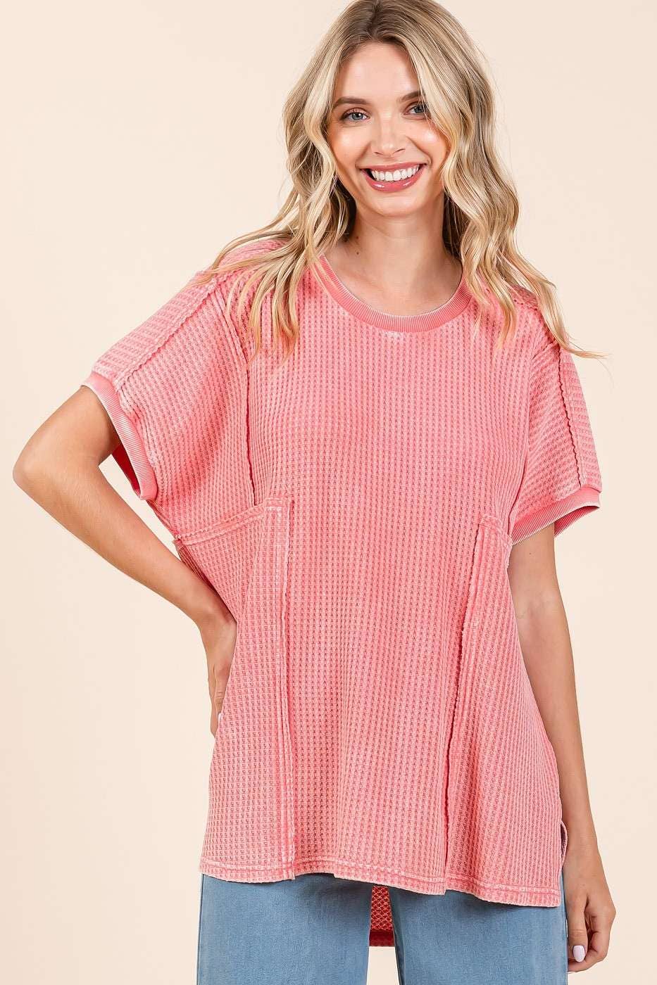 MINERAL WASH WAFFLE KNIT SEAM DETAIL TUNIC TOP