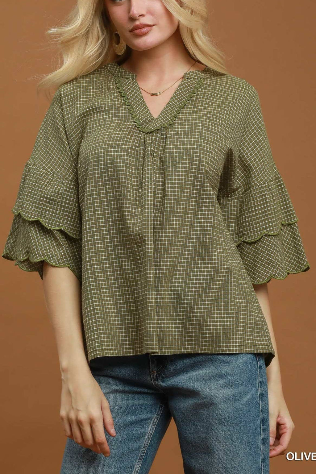 Checkered Tiered Ruffle Sleeve Blouse