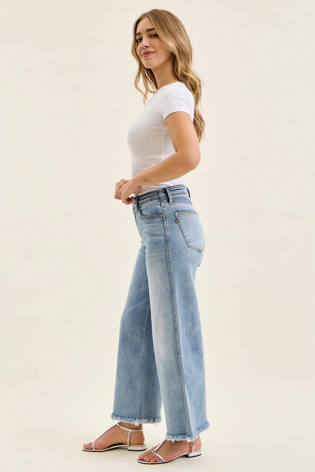Judy Blue Mid Rise Light Wash Ankle Wide Leg Jeans with Hollywood Waistband & Fray Hem