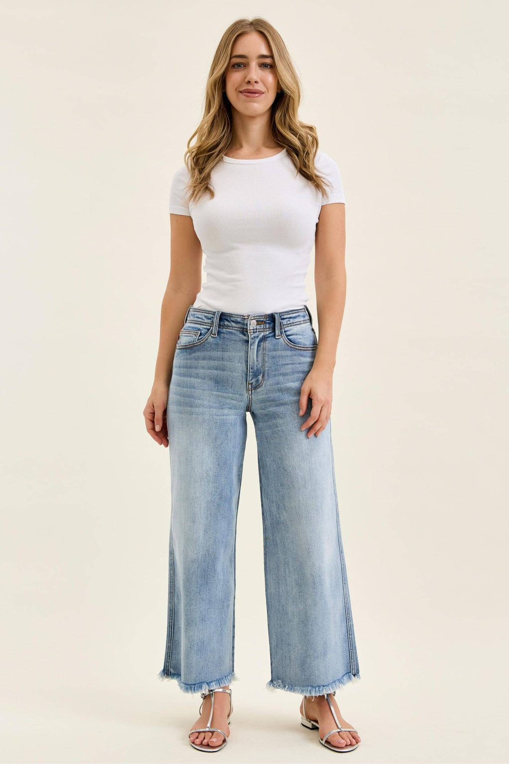 Judy Blue Mid Rise Light Wash Ankle Wide Leg Jeans with Hollywood Waistband & Fray Hem