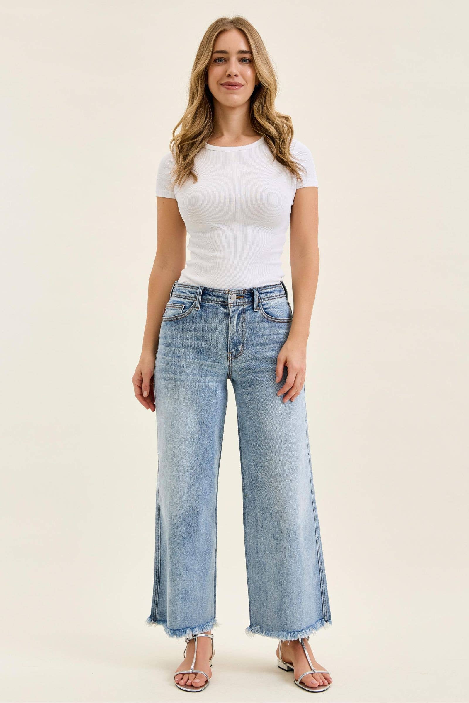 Judy Blue Mid Rise Light Wash Ankle Wide Leg Jeans with Hollywood Waistband & Fray Hem