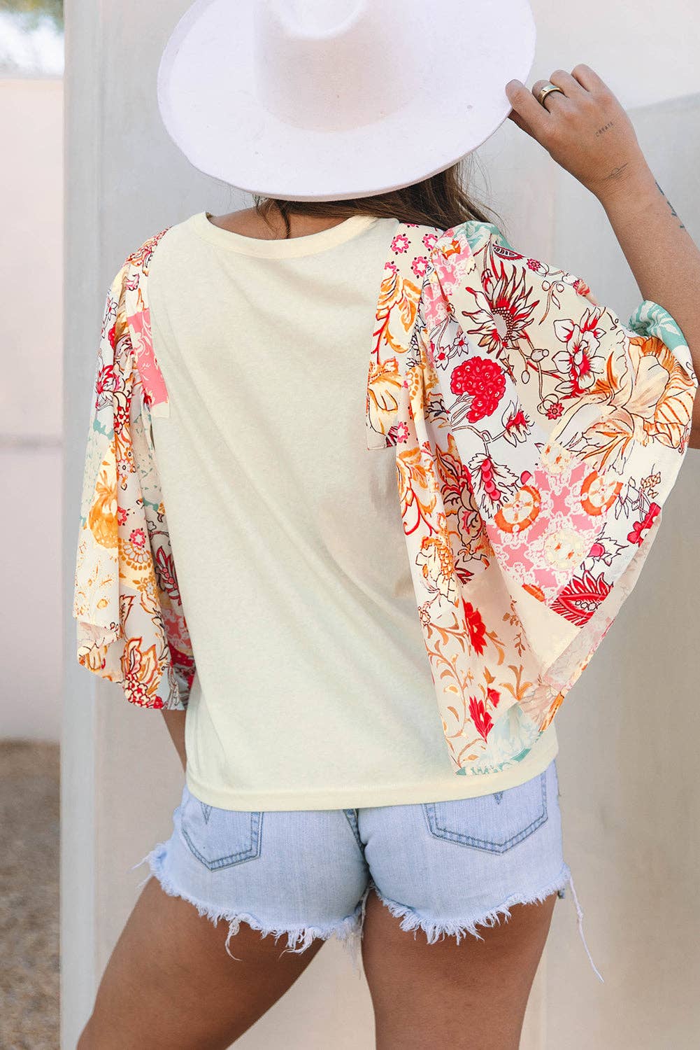Beige Floral Patchwork Batwing Sleeve Round Neck Blouse