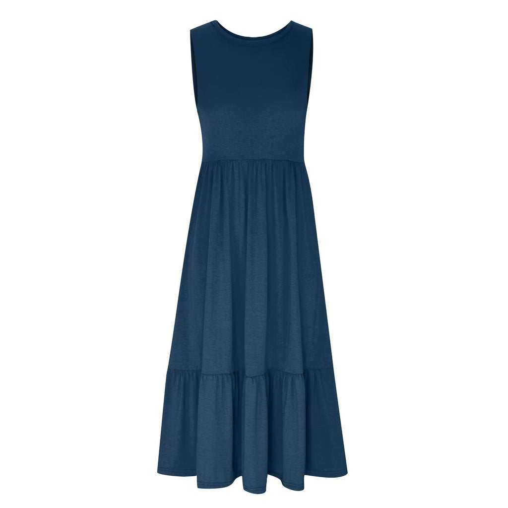 Ladies Sleeveles Pockets Simple Midi Dress 9123
