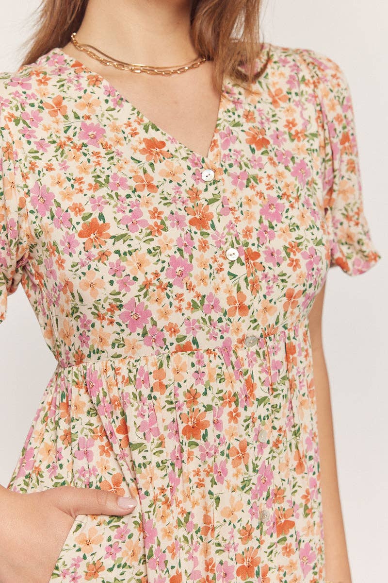 Floral Button Down V Neck Dress Plus Size