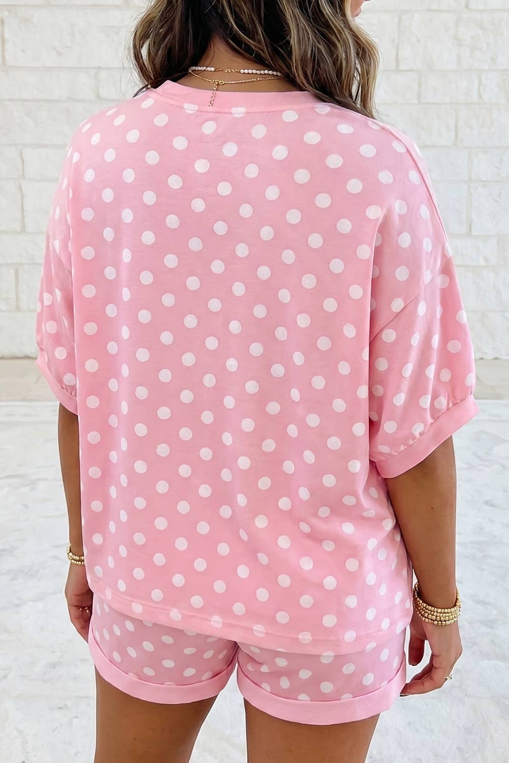 Casual Polka Dot Short Sleeve Top and Drawstring Shorts Set
