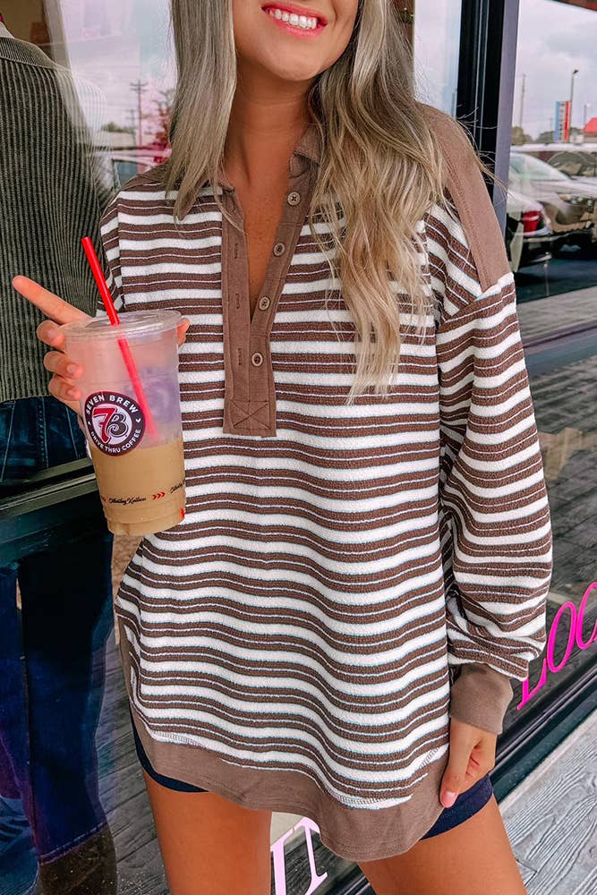 Oversized Striped Fleece Pullover Stand Collar Top CY167