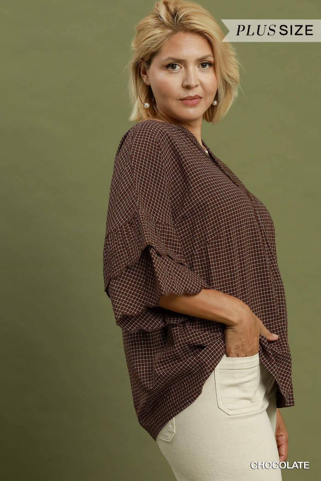 Plus Checkered Tiered Ruffle Sleeve Blouse