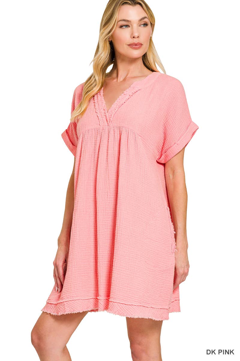 Double Gauze Raw Edge V-neck Dress