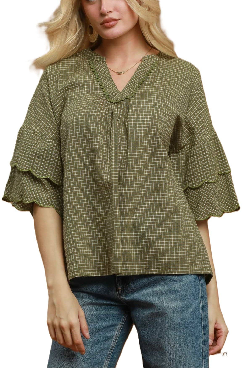 Checkered Tiered Ruffle Sleeve Blouse