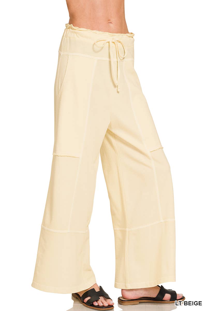 French Terry Washed Wide Leg Pants w/ Pockets - Zenana
