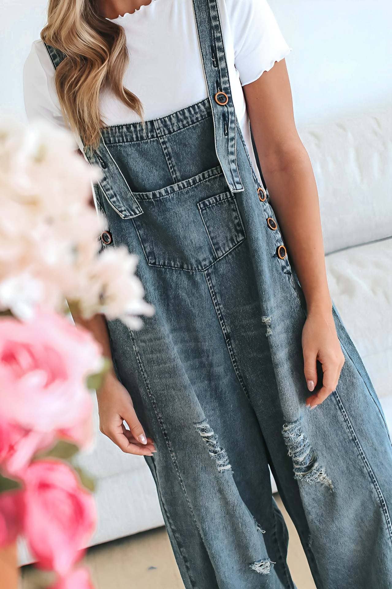 Women's Wide Leg Jumpsuit with Ripped Details Denim Overalls
