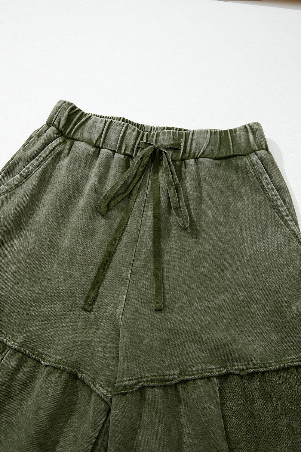 Mineral Wash Tiered Wide Leg Patchwork Drawstring Pants S-4X