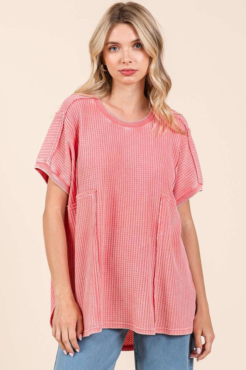 MINERAL WASH WAFFLE KNIT SEAM DETAIL TUNIC TOP