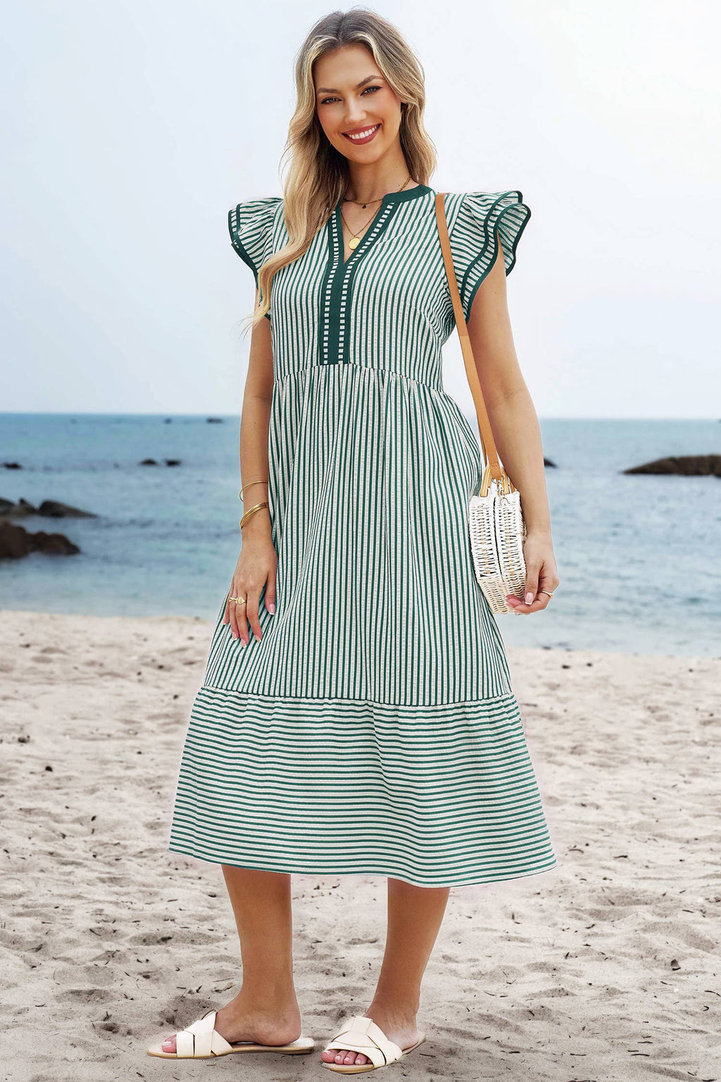 Stripe Double Ruffled Short Sleeve V Neck Midi Dress S-4X