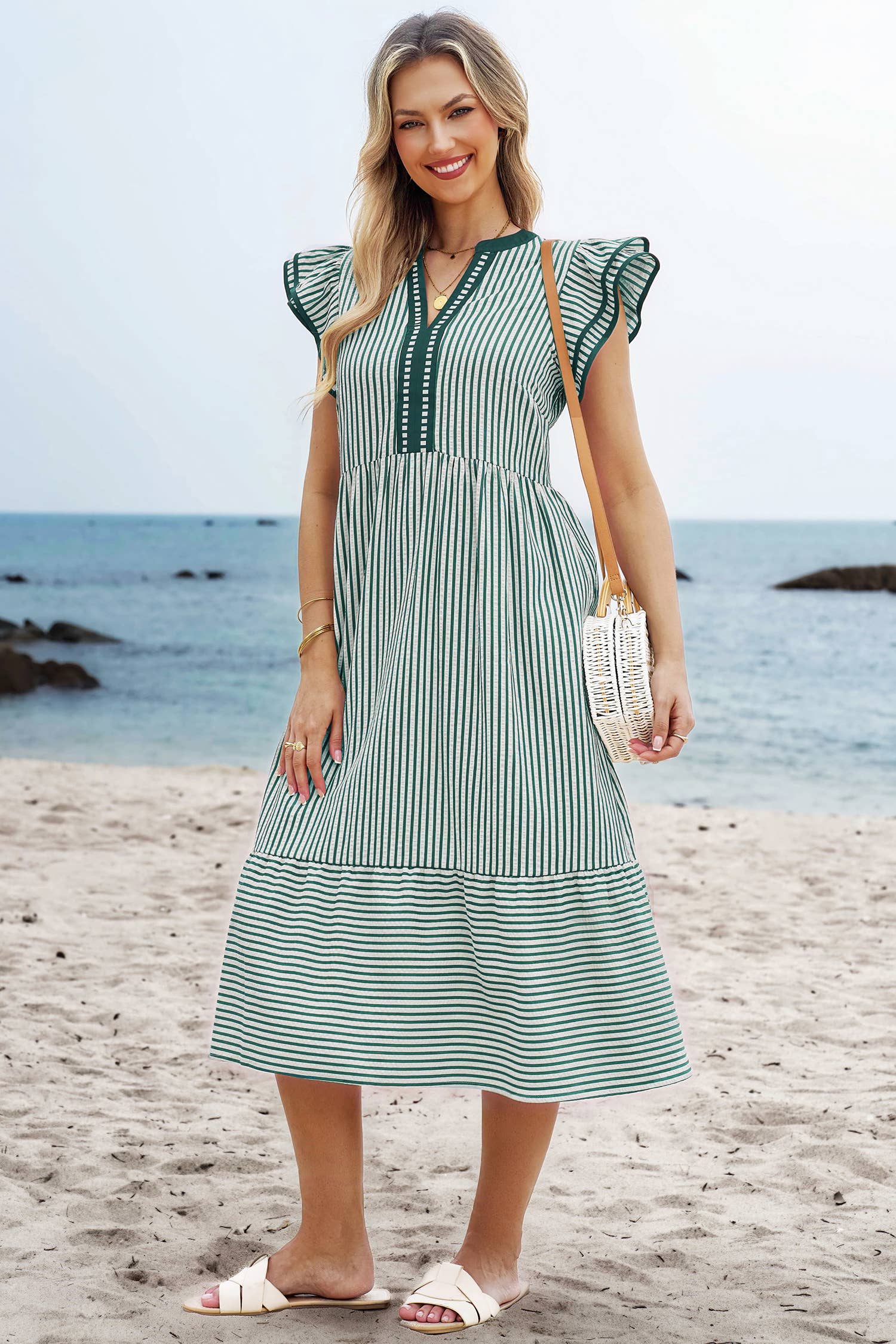 Stripe Double Ruffled Short Sleeve V Neck Midi Dress S-4X