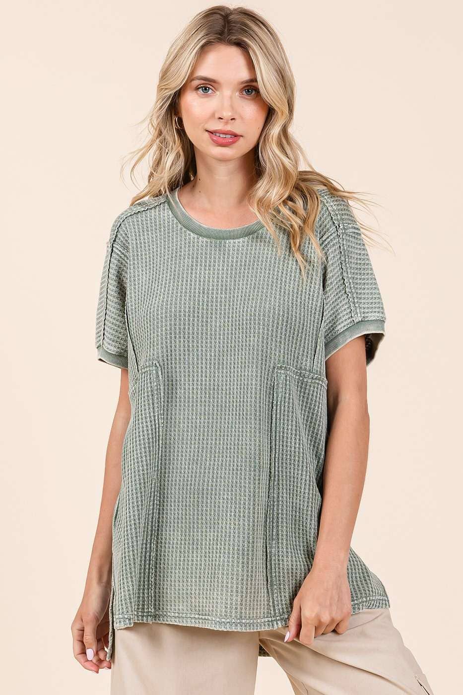 MINERAL WASH WAFFLE KNIT SEAM DETAIL TUNIC TOP