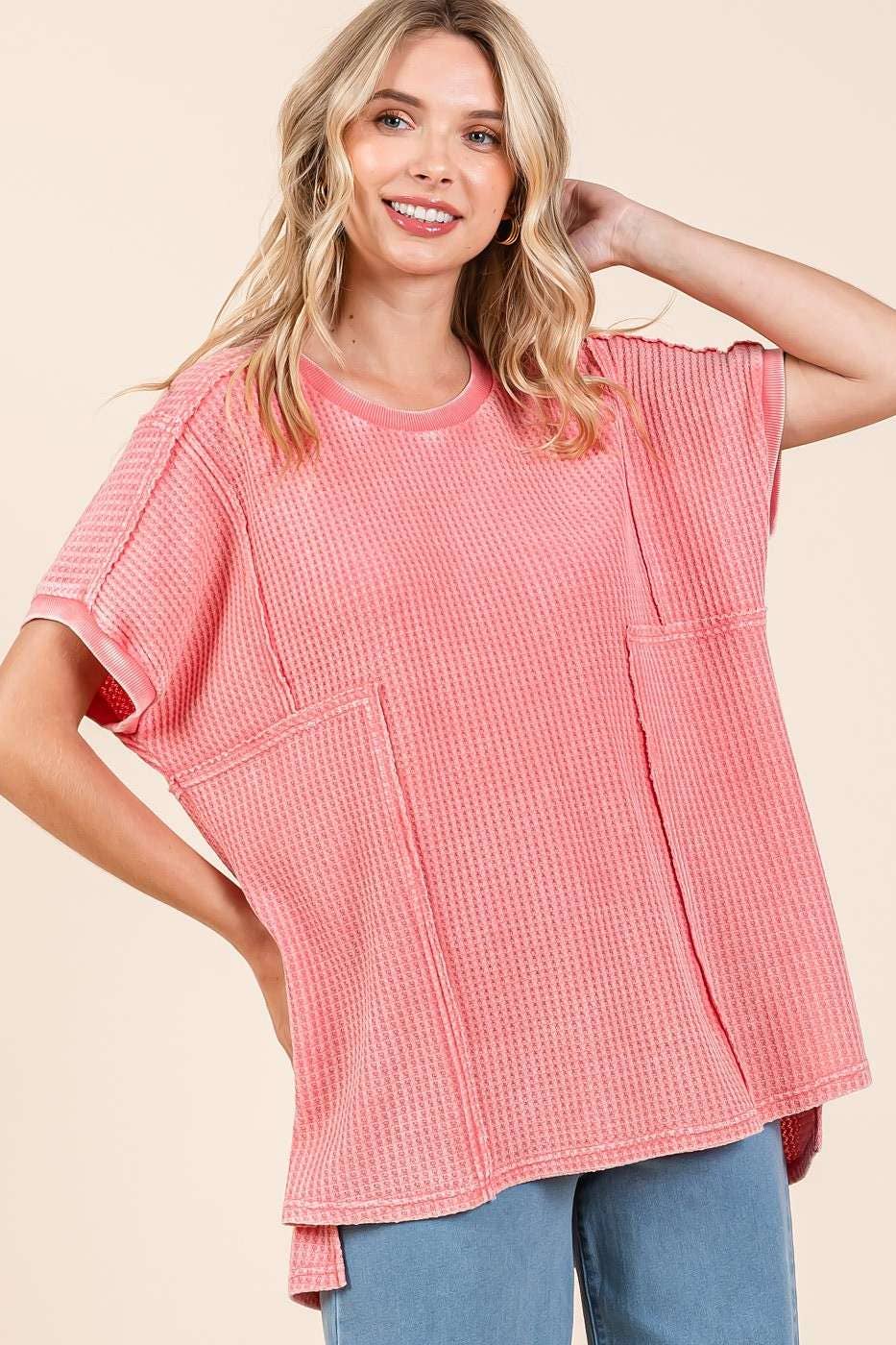 MINERAL WASH WAFFLE KNIT SEAM DETAIL TUNIC TOP