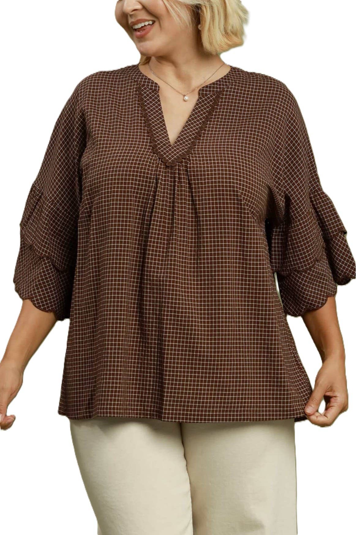 Plus Checkered Tiered Ruffle Sleeve Blouse