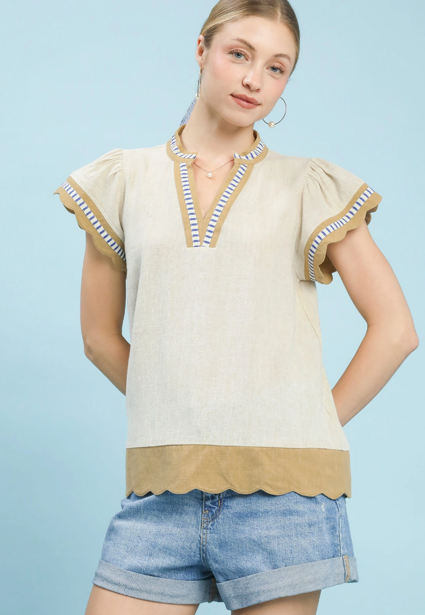 Oatmeal Scalloped Sleeve Top